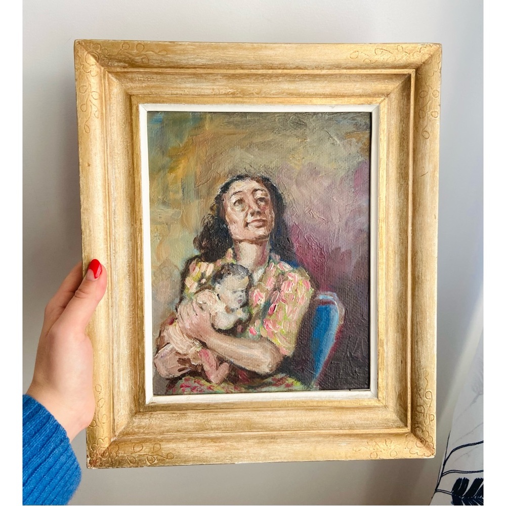50s/60s Vintage Framed Oil Painting of Woman Holding a Baby